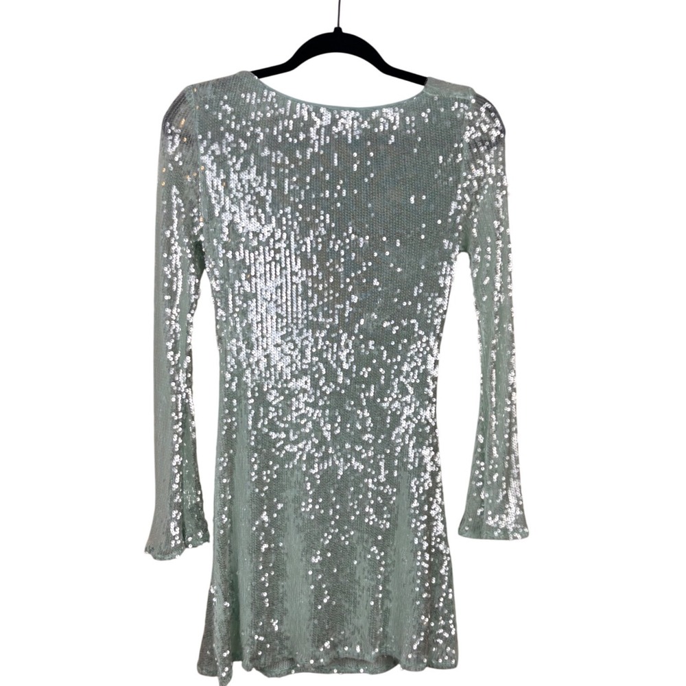 Rare London Mint Green Sequin Cowl Back Bell Sleeve Mini Dress Size Small US 4 - Picture 6 of 8